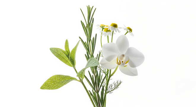 Delicate orchid stem with buds and blossoms on a white background