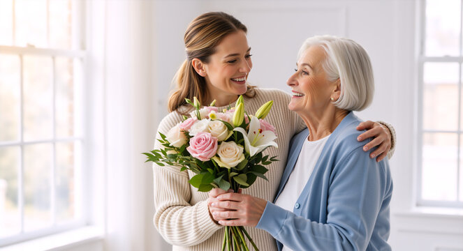 Adult daughter giving a bouquet of flowers to her senior mother. Happy women celebrating mother's day at home
