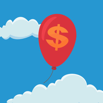 Economic metaphor of a red balloon with a dollar sign rising through clouds, representing inflation, price increase, market growth, and wealth appreciation.