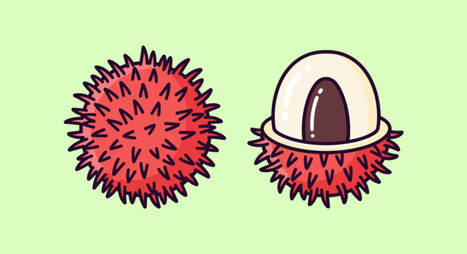 A playful cartoon illustration of durian fruit, one whole and one peeled, on a light green background. Perfect for food, tropical, or exotic-themed pr