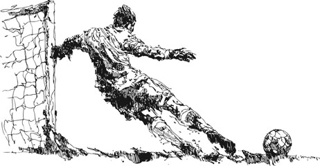 Fototapeta premium soccer goalkeeper diving to save the ball at goal line ink sketch illustration