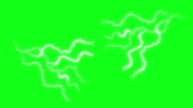 Cartoon lightning white electric bolt animation with glowing spark flashes and dynamic energy effect on deep green screen seamless loop cinematic 4K