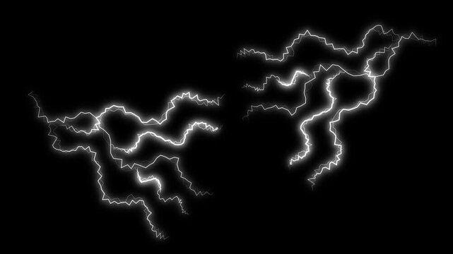 Cartoon lightning white electric bolt animation with glowing spark flashes and dynamic energy effect on deep black screen seamless loop cinematic 4K