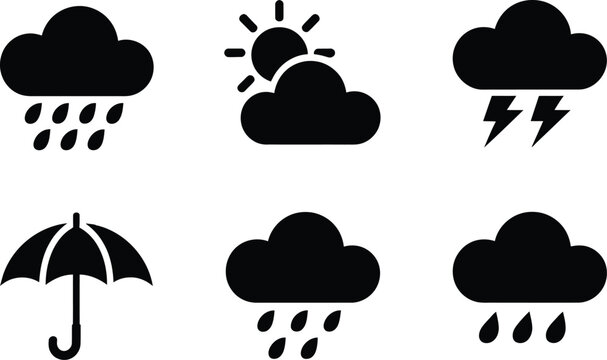 Weather icon set black silhouette, minimalist vector symbols including rain sun thunderstorm umbrella and sleet for forecast apps and meteorology design.