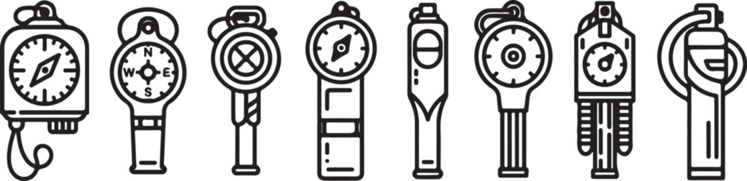 A collection of minimalist icons representing different compass styles and uses Vector