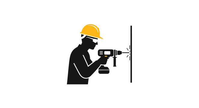 Silhouette icon of a construction worker wearing hard hat drilling into a wall, isolated white background