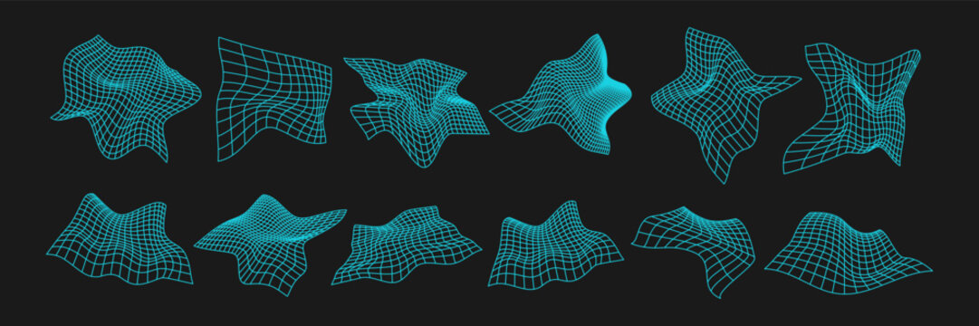Distorted grids design elements set. Wireframe wave geometry mesh on black background. Vector illustration.