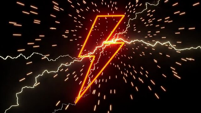 Glowing neon orange lightning bolt flickering dynamically against a pitch black background
