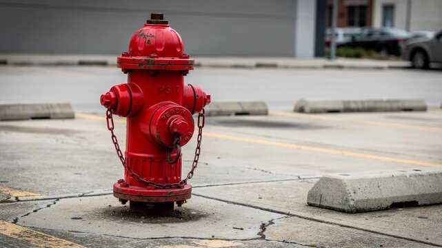 Close up video of a red fire hydrant standing sturdy in an empty urban parking lot