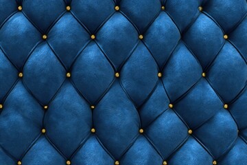 Fototapeta premium Blue Leather Tufted Upholstery with Diamond Pattern and Gold Button Details
