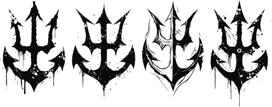 Grunge trident tattoo designs set with dripping ink and distressed texture in black