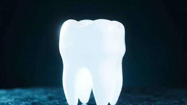 Clean white molar tooth glowing on dark blue reflective surface
