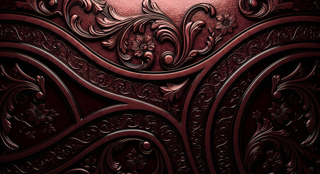 An opulent dark red baroque pattern displays intricate scrollwork and floral motifs in a rich, textured design.