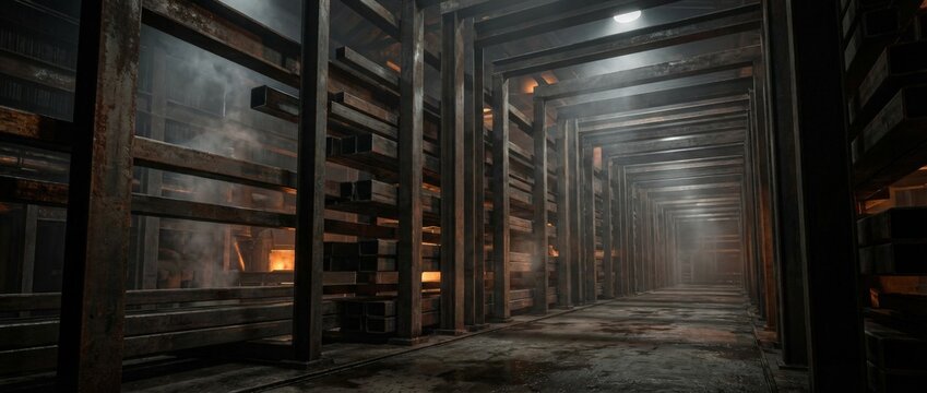 A dimly lit industrial warehouse with rows of metal beams and glowing light sources, creating a moody and atmospheric scene.