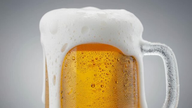 Cold frosty beer mug filling with golden liquid and creamy foam bubbles rising in glass