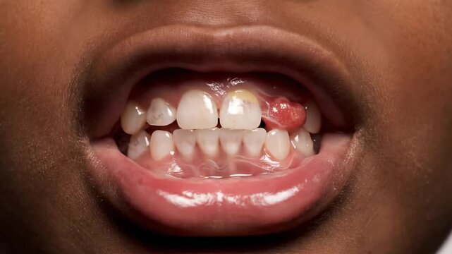 Close up of child's mouth with inflamed gum lesion