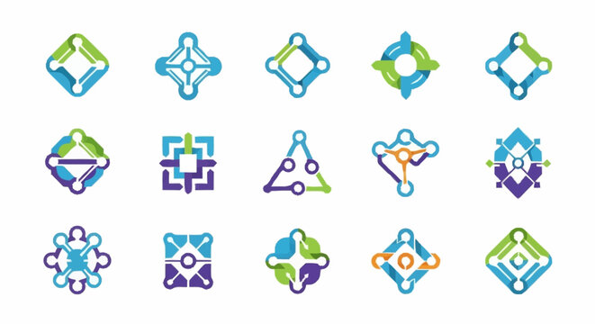 Collection of abstract technology connection logos with geometric shapes.