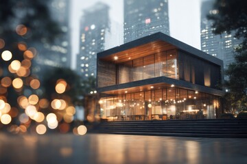 Obraz premium Modern two story structure with illuminated interior stands against a backdrop of towering city buildings