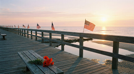 Naklejka premium Memorial day tribute with American flag on wooden pier at sunrise and red poppy flowers on bench creating peaceful and respectful atmosphere