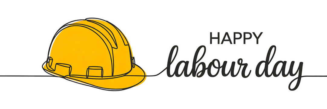 Yellow hard hat and happy labor day text banner Keywords: hard hat, yellow, safety, construction