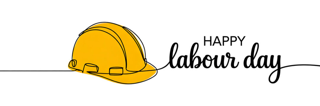Yellow hard hat and happy labor day text banner Keywords: hard hat, yellow, safety, construction