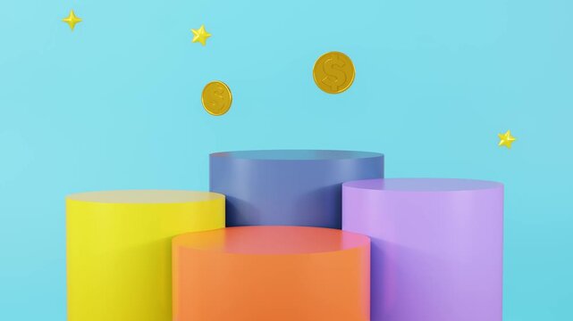 Colorful podium for product show case with coins and coupons, for cosmetic product display, modern architectural backdrop, 3d rendering