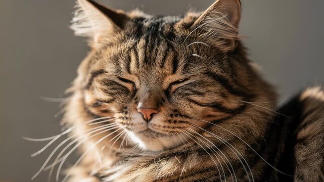 Tabby cat basking in warm sunlight with eyes half closed and relaxed whiskers indoors