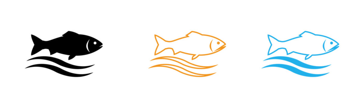 Fish Swimming Icon Set Minimal Line Style Marine Life Water Symbol Collection