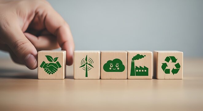 Hand arranging wooden blocks with green icons representing eco friendly practices and sustainable development