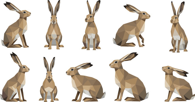 Geometric rabbit polygon collection with low poly design, abstract bunny characters in modern style vector illustration set