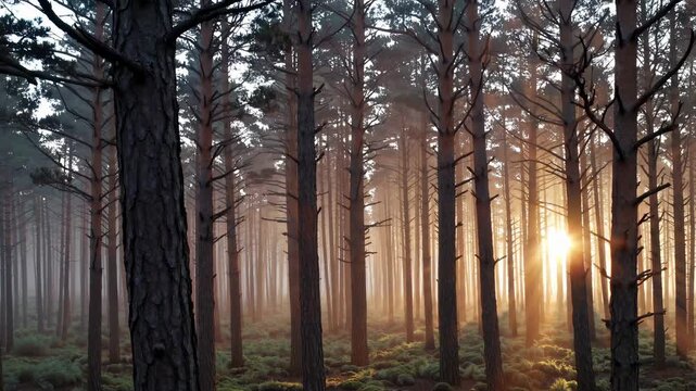 Mysterious morning light filters through tall pines in misty woodland, sunbeams illuminating fog and lush green moss on a calm, tranquil forest floor at dawn