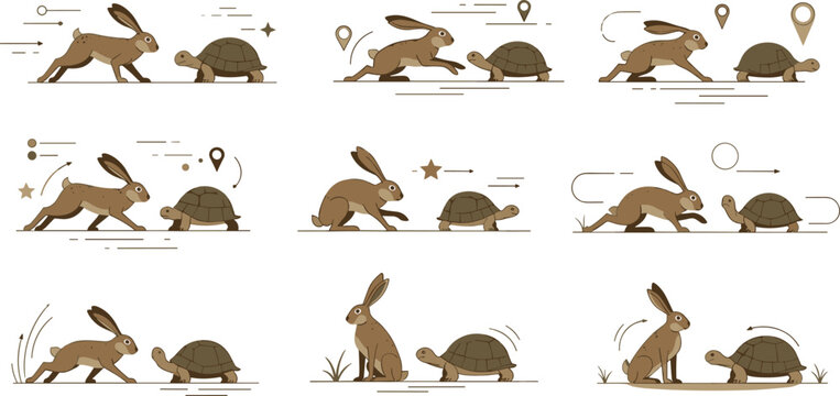 Rabbit and turtle race illustration collection with motion scenes, classic fable concept and wildlife animals vector design set