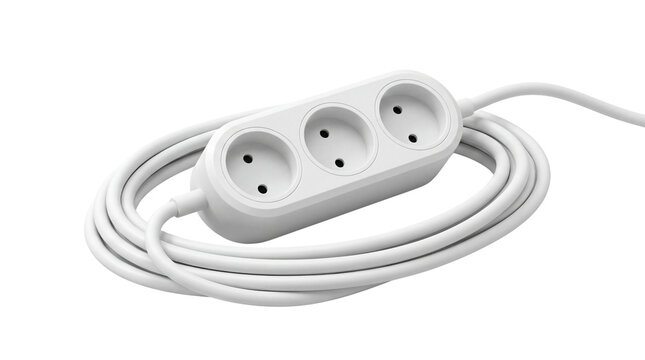 White European Type Power Strip Extension Cord with Three Sockets and coiled cable for electricity connection isolated on transparent background