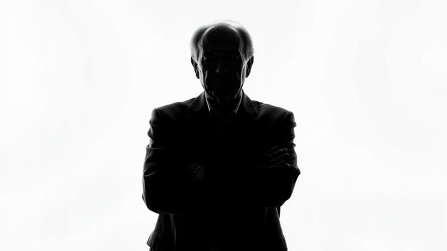 Mysterious elderly man silhouette with crossed arms standing against glowing background
