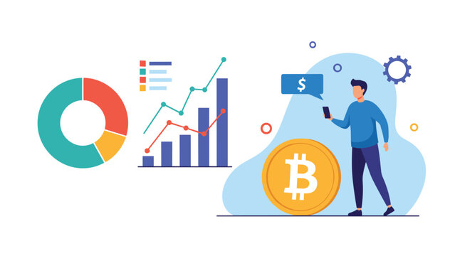 Man using a mobile application to track cryptocurrency trends and analyze financial data with pie charts and growth graphs.