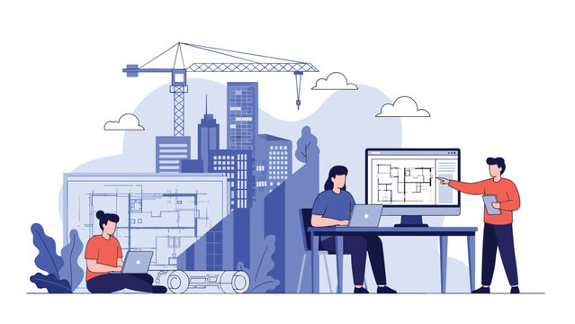 Professional architects and engineers working on construction blueprints in a modern urban development project with a tower crane.