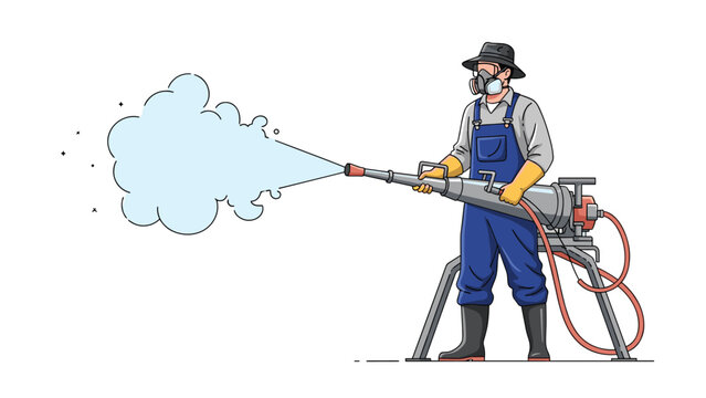 Pest control worker in protective blue coveralls and a respirator mask sprays chemical treatment for garden disinfection.