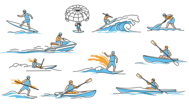 Comprehensive collection of hand drawn style icons depicting various water sports like surfing kayaking parasailing and jet skiing on waves.