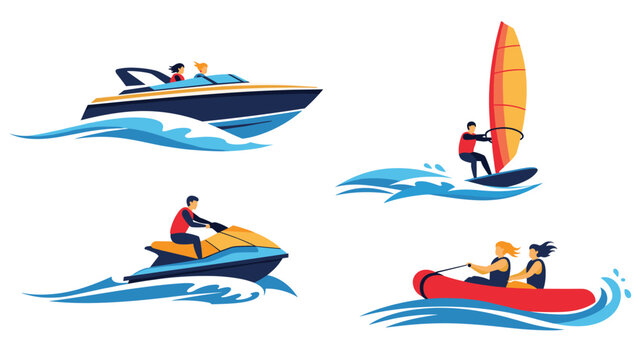 Set of four different motorized and wind powered water activities including a speed boat windsurfing jet ski and banana boat ride.