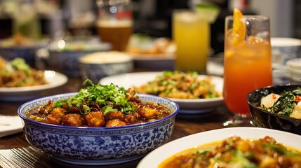 Obraz premium Dishes of Chinese food were on a table with drinks.