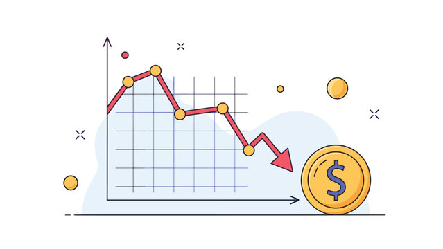Financial chart showing a downward trend in stock market value ending at a large gold dollar coin to represent economic loss.
