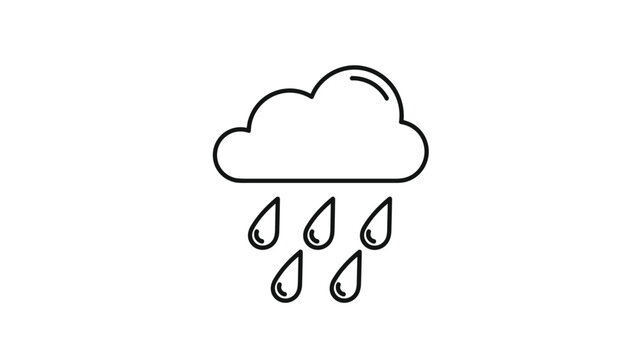 Minimalist line art icon of a fluffy cloud with five falling raindrops represents rainy weather or a storm on a white background.