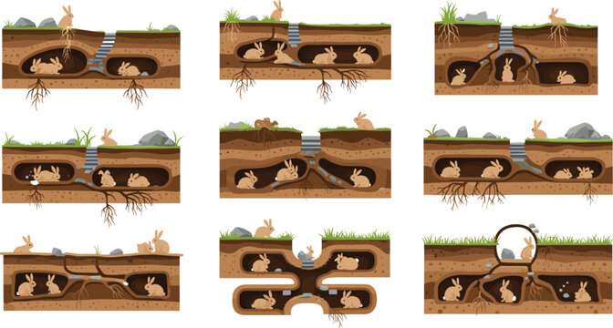 Rabbit burrow underground system illustration set with tunnels, nests and habitat sections, wildlife nature vector collection design