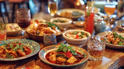 Obraz premium Dishes of Chinese food were on a table with drinks.