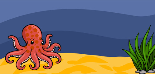 Cute cartoon octopus on sandy seabed with underwater plants vector banner © Khrystyna Turchyn