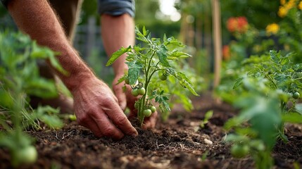 Fototapeta premium Gardener puts tomato plants into a bright garden spot.