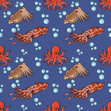 Seamless vector pattern of cute cartoon octopuses, squids, and cuttlefish with bubbles on a dark blue background