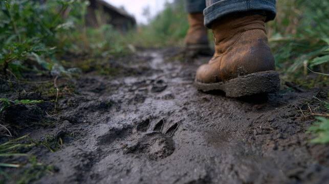 Booted footstep on muddy trail with animal paw prints visible in the foreground, surrounded by green grass and blurred natural background elements
