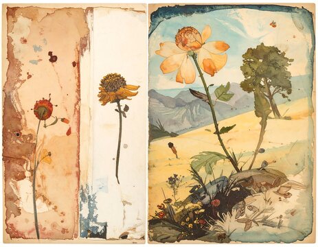Watercolor diptych withered flowers and foliage juxtaposed against landscape panels