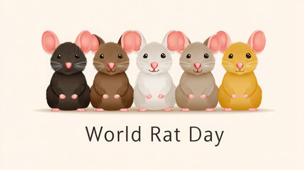 Obraz premium Five cartoon rats in various colors representing World Rat Day, featuring brown, gray, white, and yellow mice with pink ears and cheerful expressions